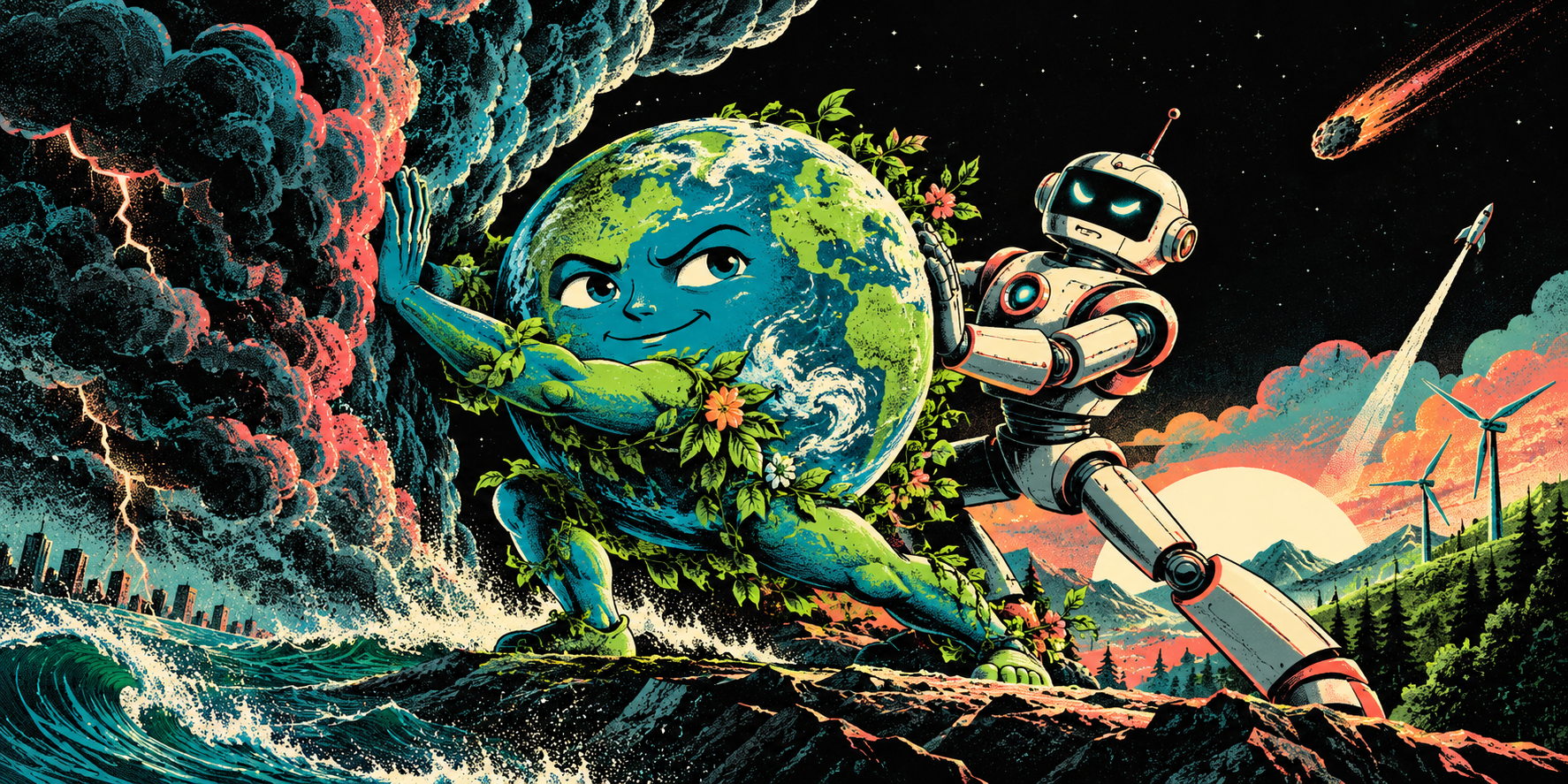 A defiant living Earth and a retro robot confronting a storm together